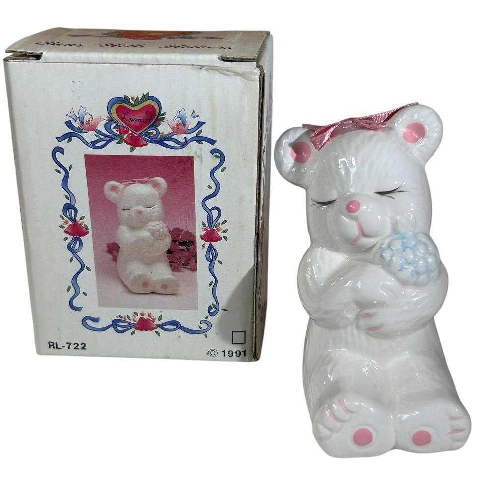 Vintage Ceramic Praying Bear Figurine Pink Bow Blue Flowers RL 722 1991